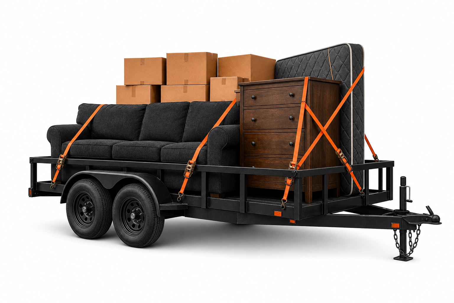 Trailer loaded with couch, dresser, mattress and boxes