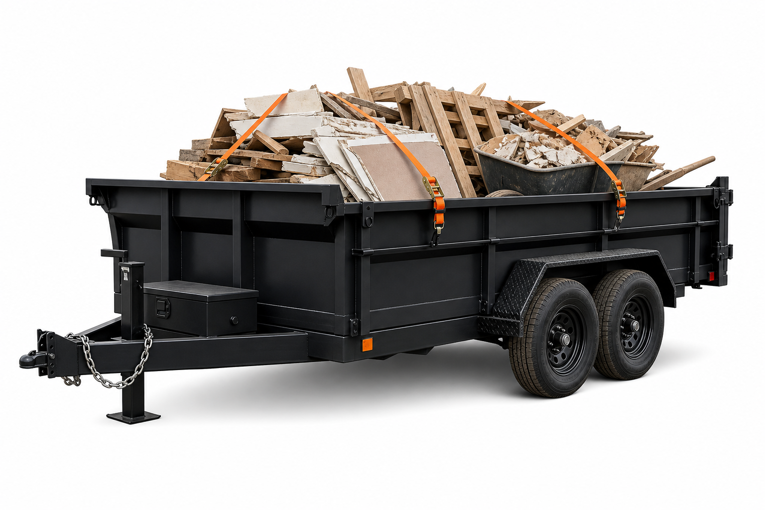 Dump trailer loaded with lumber, drywall and demo debris
