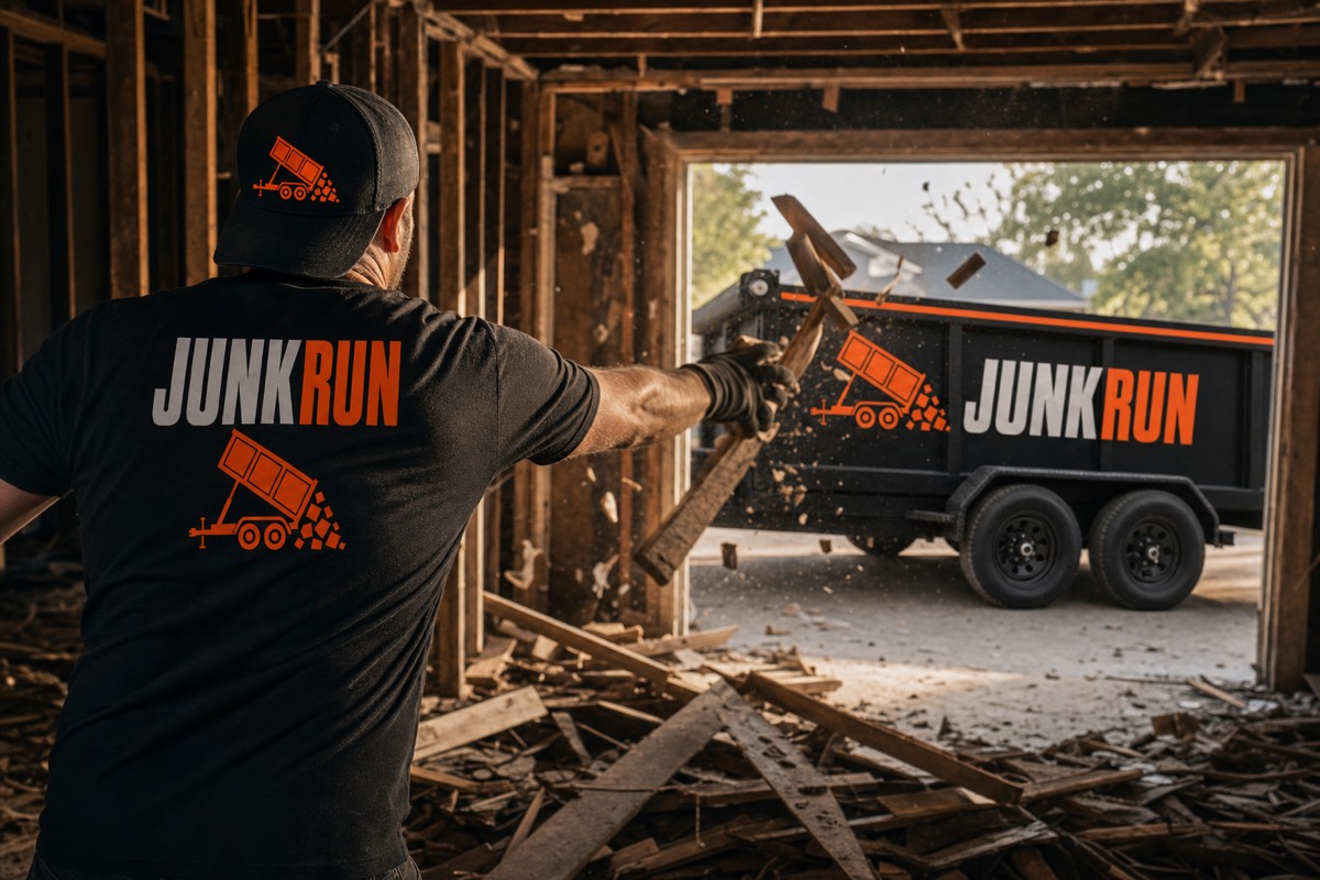 Dump trailer loaded with lumber, drywall and demo debris
